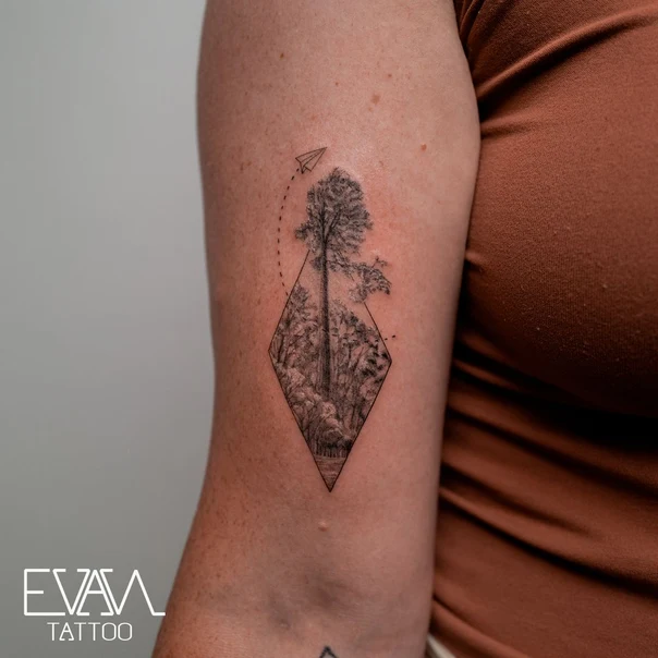 Fineline Tree, Landscape tattoo on Upper Arm