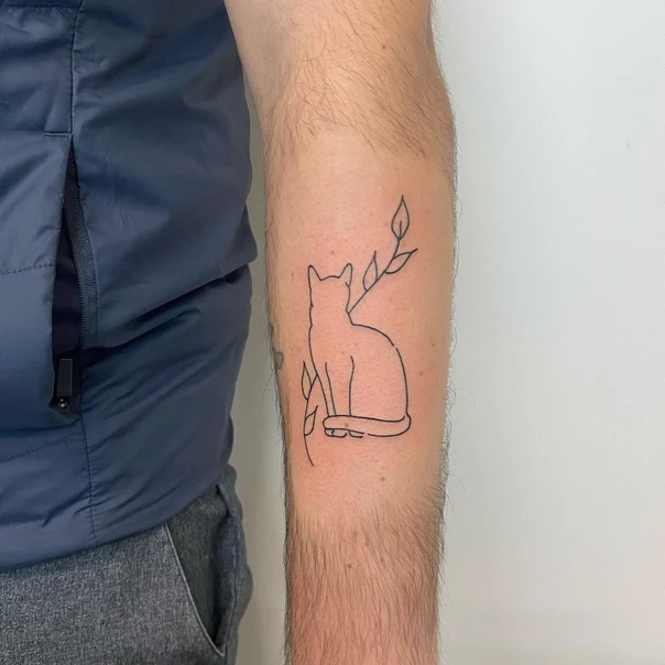 Linework Cat, Leaves tattoo on Forearm