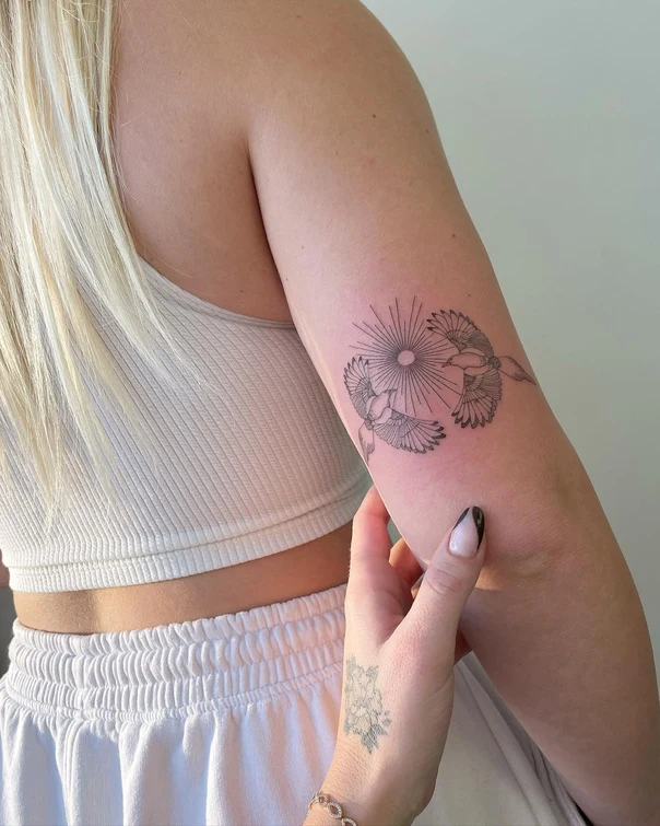 Linework Birds, Sun tattoo on Forearm