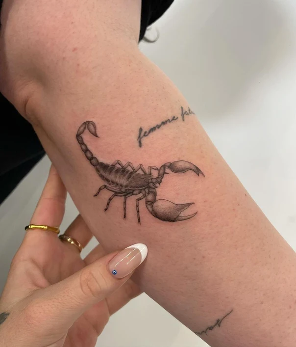 Black & Grey Scorpion, Lettering tattoo on Forearm