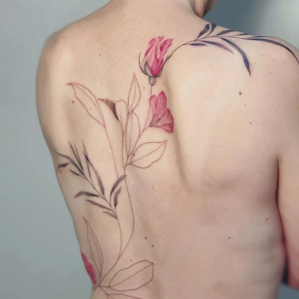 Botanic Flowers, Leaves tattoo on Upper Back