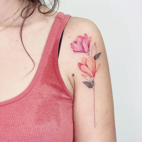 Botanic Flower, Leaf tattoo on Shoulder