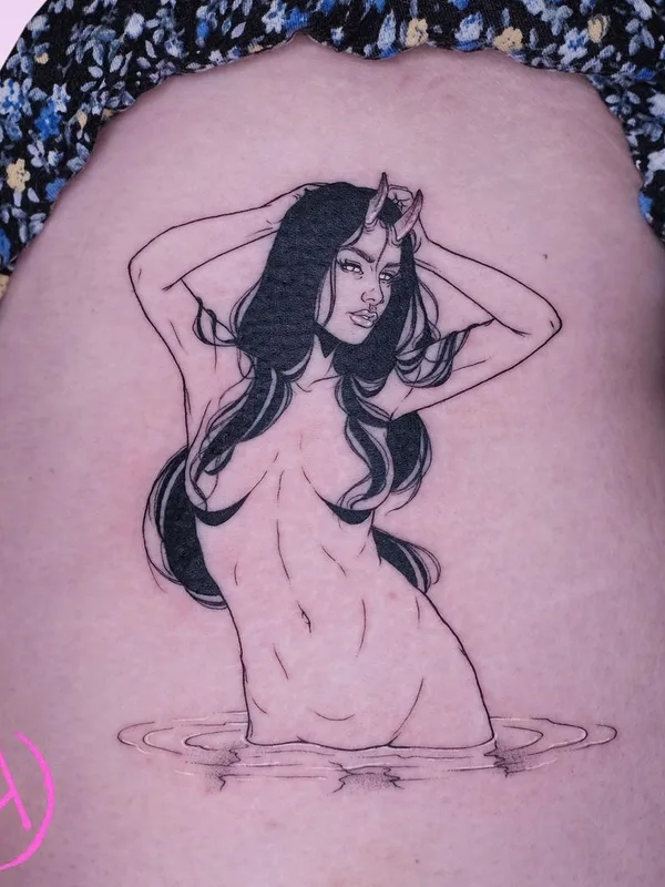 female black linework татуировка на side #43239 | Тату мастер Sad Amish Tattooer