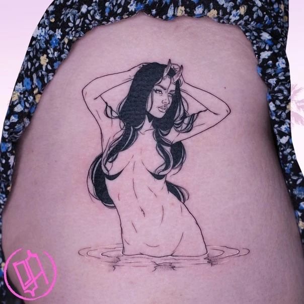 Linework Female figure, Horns tattoo on Side