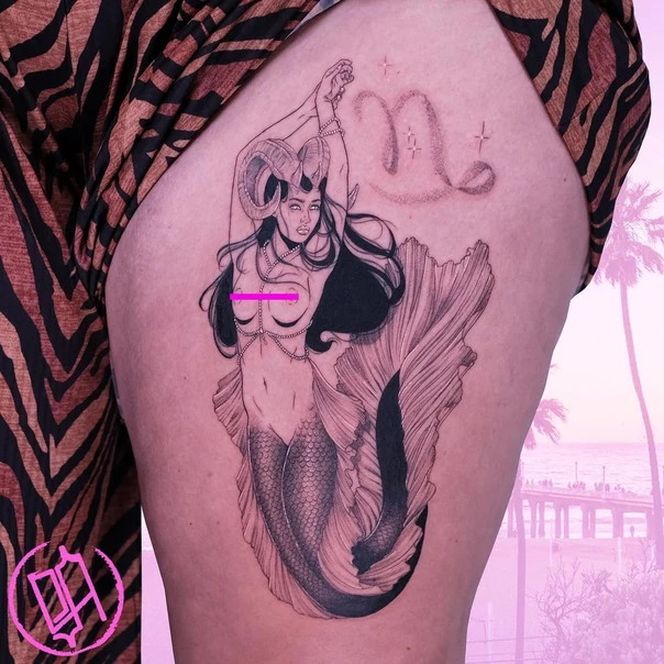 Blackwork Mermaid, Zodiac tattoo on Thigh