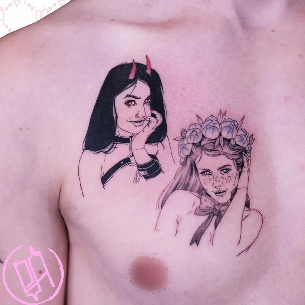Fineline Portrait, Devil tattoo on Chest