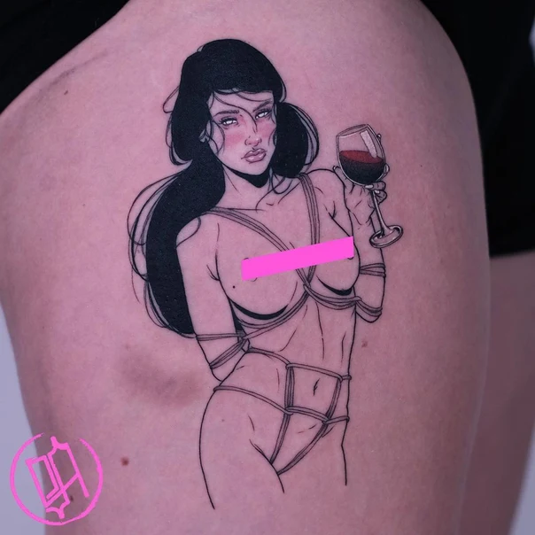 Fineline Woman, Wine tattoo on Thigh