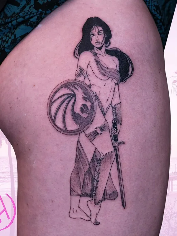 female black and grey illustrative татуировка на thigh #43244 | Тату мастер Sad Amish Tattooer
