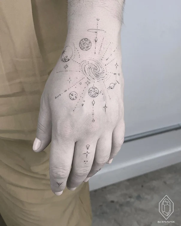 Linework Galaxy, Planets tattoo on Hand