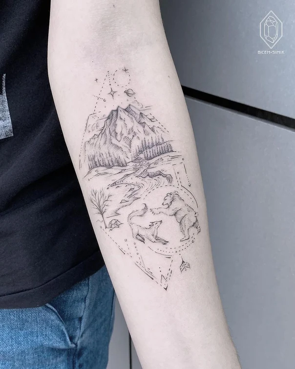 Linework Mountain, Bear tattoo on Forearm