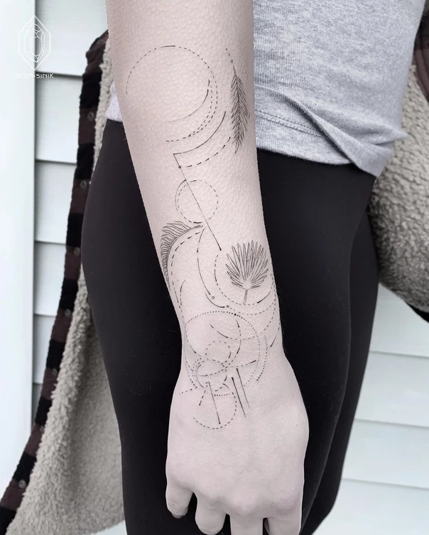Linework Leaves, Geometric shapes tattoo on Forearm