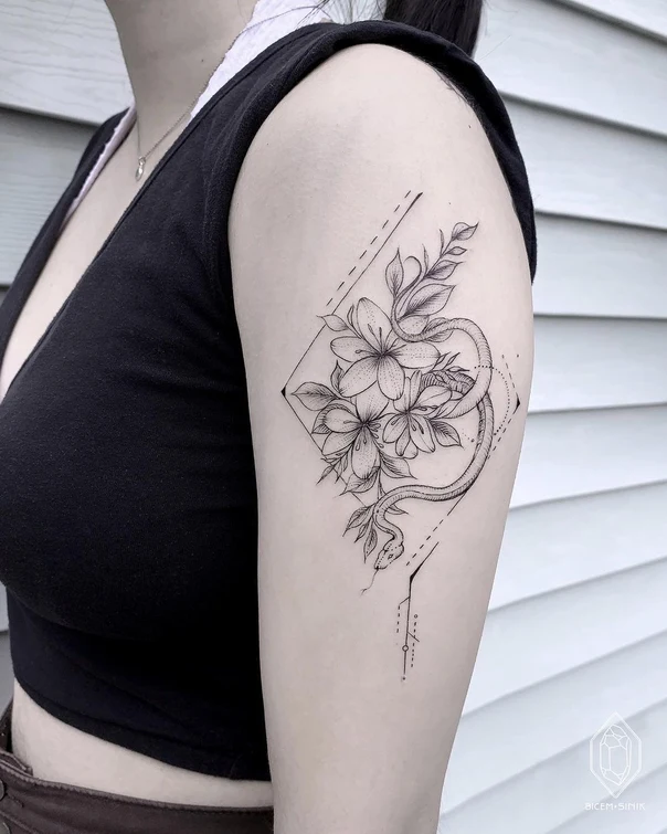 Fineline Snake, Flowers tattoo on Upper Arm