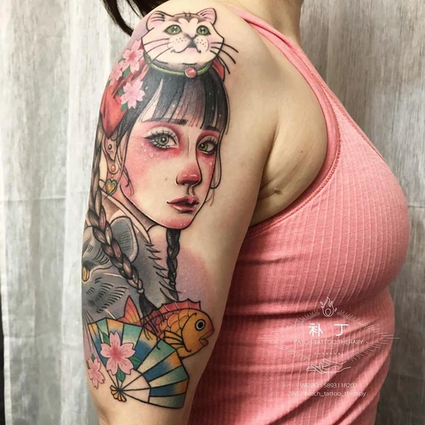 Neo Traditional Cat, Woman tattoo on Full Sleeve
