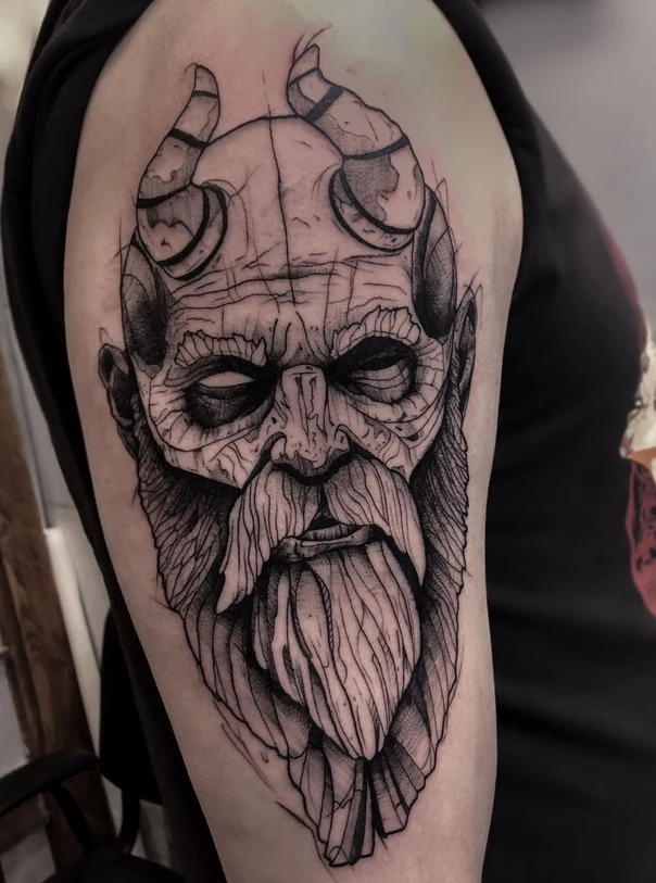 Скетч / Набросочная Demon, Face tattoo на Плечо