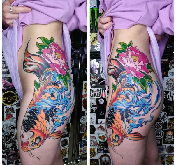Japanese Koi fish, Peony tattoo on Thigh