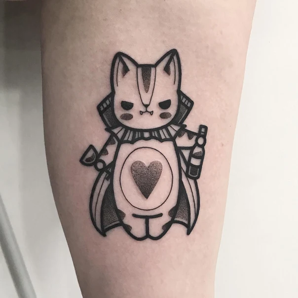 Blackwork Cat, Heart tattoo on Forearm