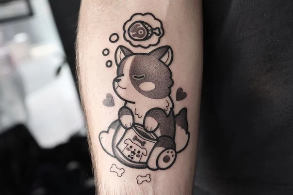Cartoon Dog, Food tattoo on Forearm