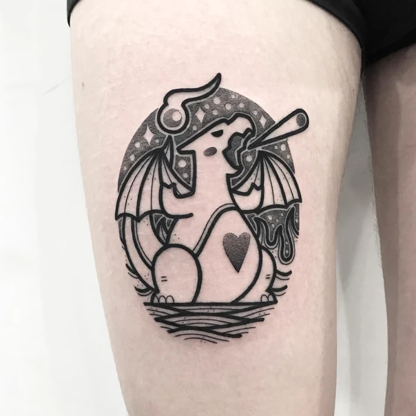 Blackwork Dragon, Heart tattoo on Thigh