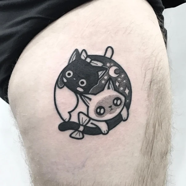 Blackwork Cat, Yin yang tattoo on Thigh