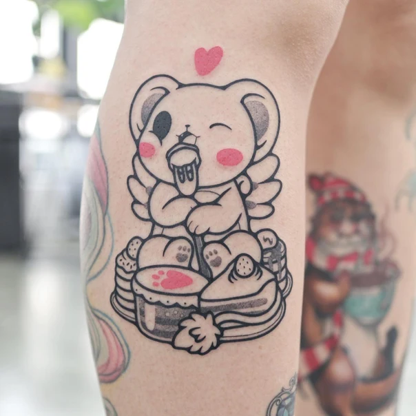 Cartoon Bear, Food tattoo on Calf
