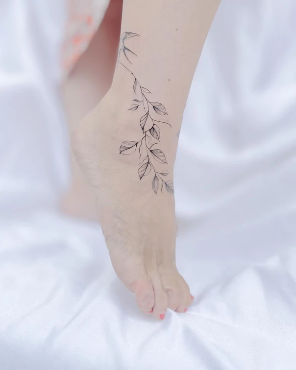 Fineline Leaves, Vine tattoo on Ankle