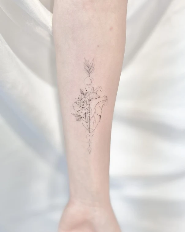 Fineline Heart, Flower tattoo on Forearm