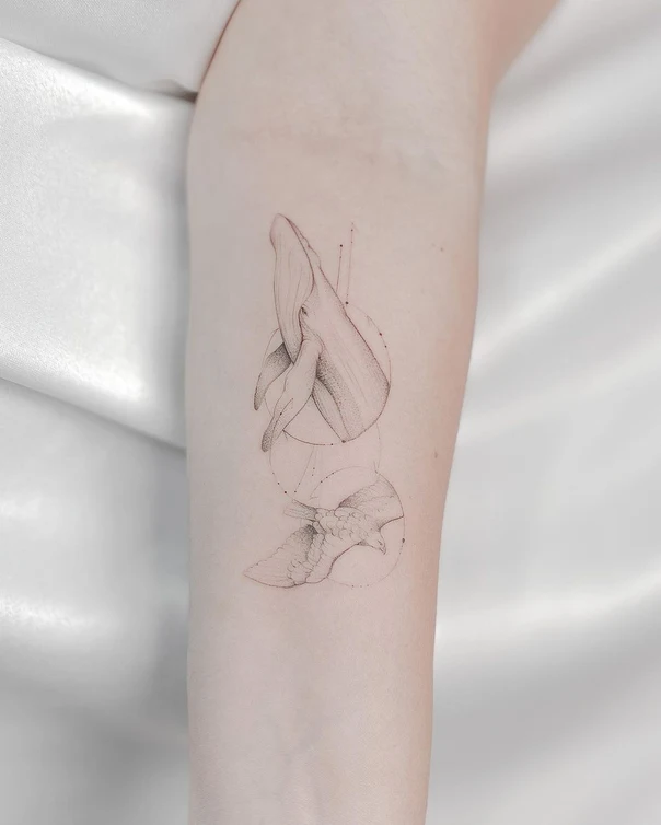 Fineline Whale, Bird tattoo on Forearm