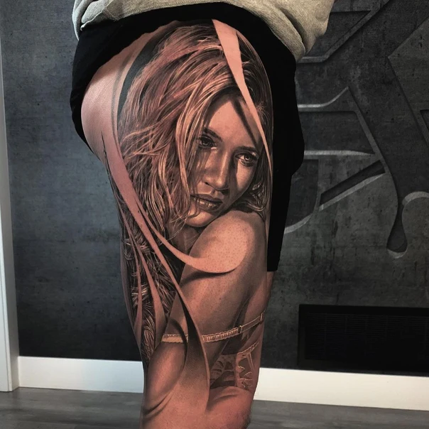 Realism Portrait, Woman tattoo on Thigh