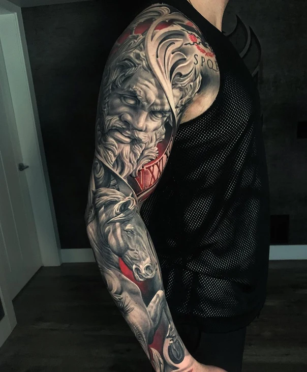 Realism Statue, Horse tattoo on Full Sleeve