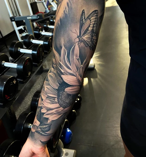 Realism Butterfly, Sunflower tattoo on Forearm