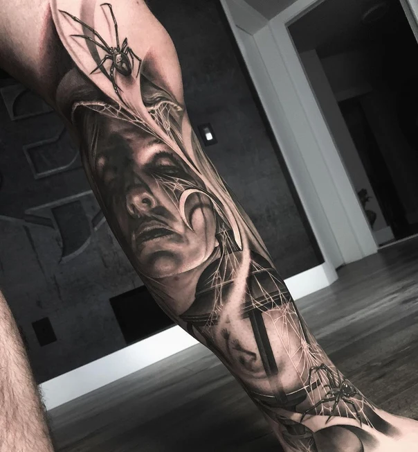 Realism Spider, Portrait tattoo on Full Sleeve