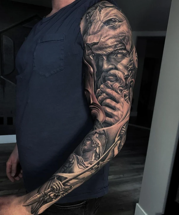 Realism Lion, Greek god tattoo on Full Sleeve