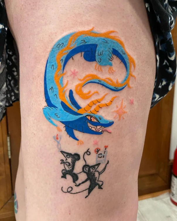 Cartoon Dragon, Mice tattoo on Thigh