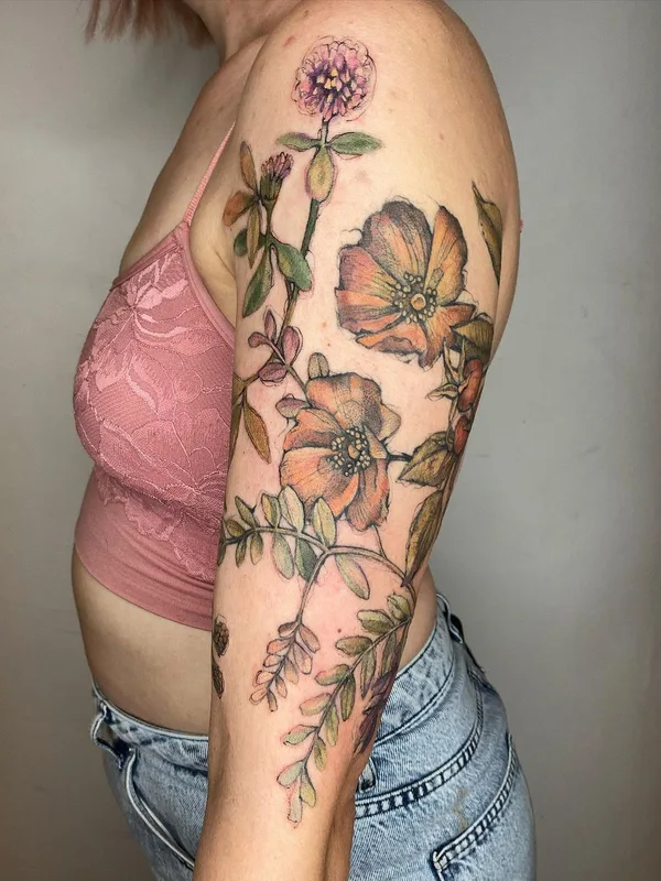 female color botanic tattoo on full sleeve #43510 | Tattoo Artist Hettie Baker