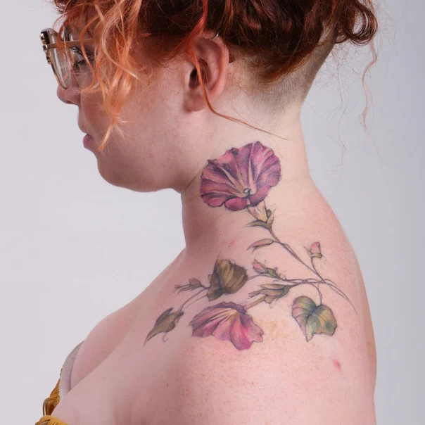 Botanic Flower, Leaves tattoo on Neck