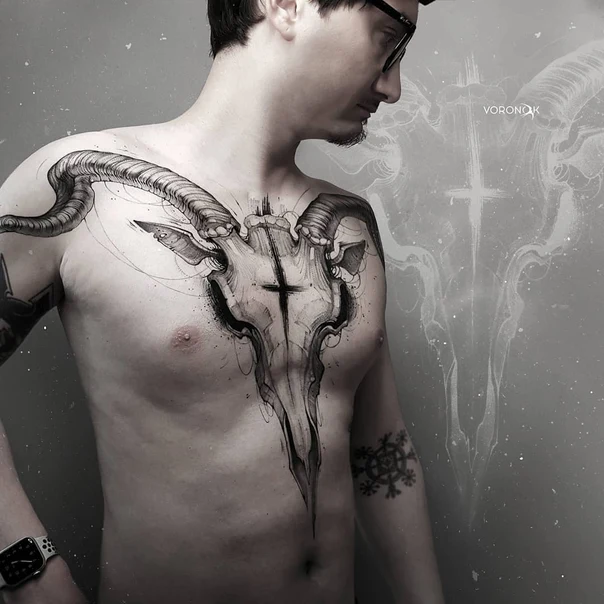 Скетч / Набросочная Skull, Cross tattoo на Грудь