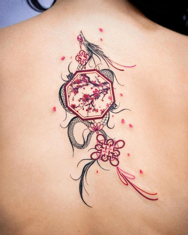 Japanese Dragon, Flower tattoo on Upper Back