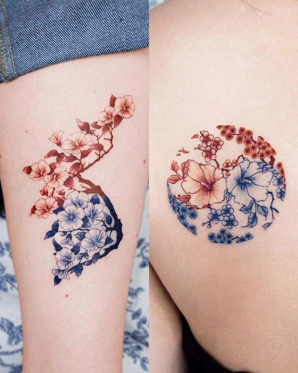 Watercolor Flowers, Cherry blossoms tattoo on Thigh