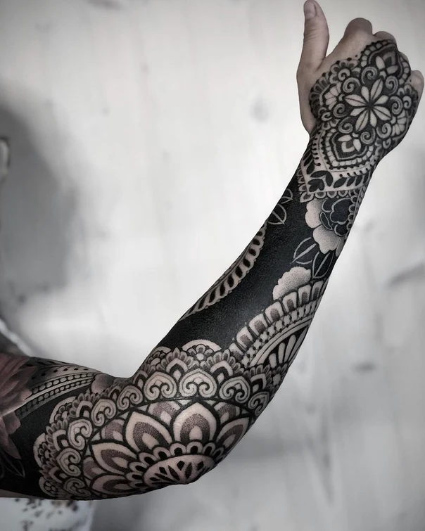 Blackwork Mandala, Floral tattoo on Full Sleeve