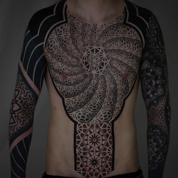Blackwork Geometric, Mandala tattoo on Chest