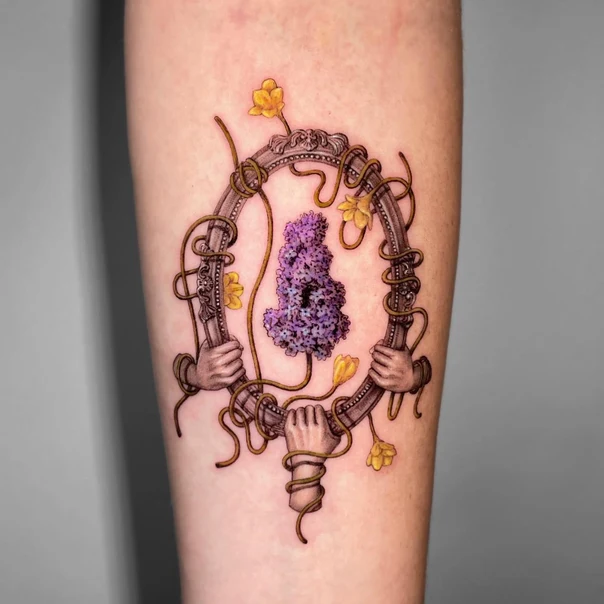 Illustrative Hands, Flowers tattoo on Forearm