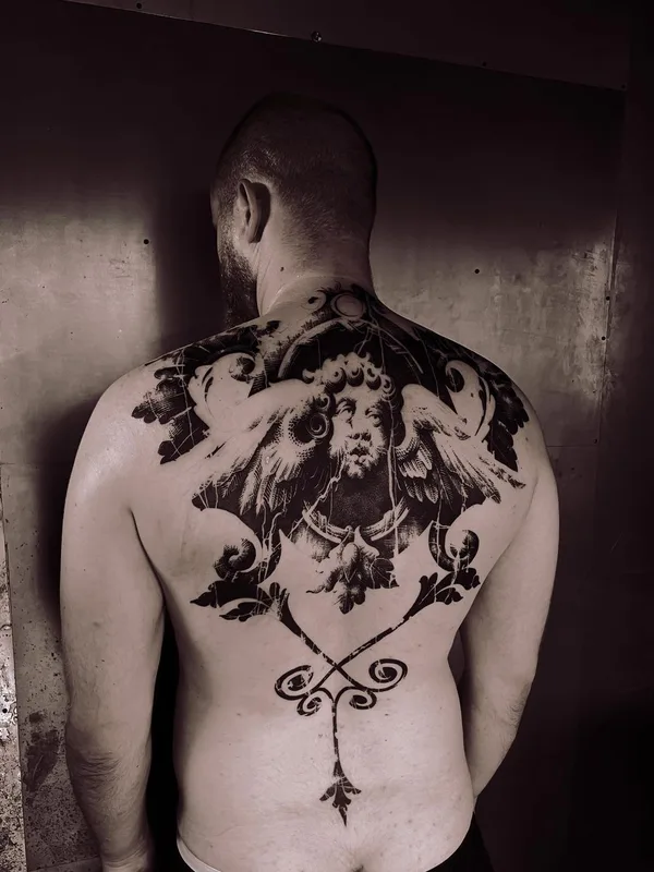 male black blackwork Tatuaggio su full back #59594 | Tatuatore Антон Тычков