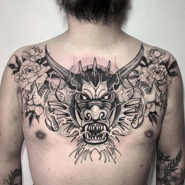 Japanese Dragon, Flowers tattoo on Chest