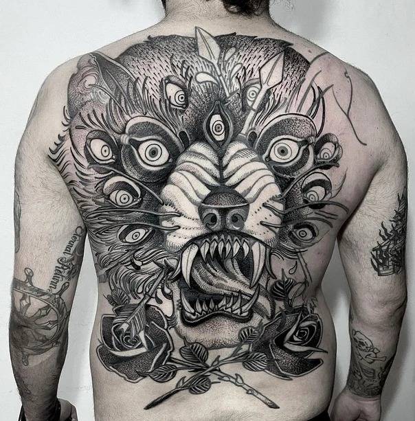 Blackwork Wolf, Eyes tattoo on Full Back