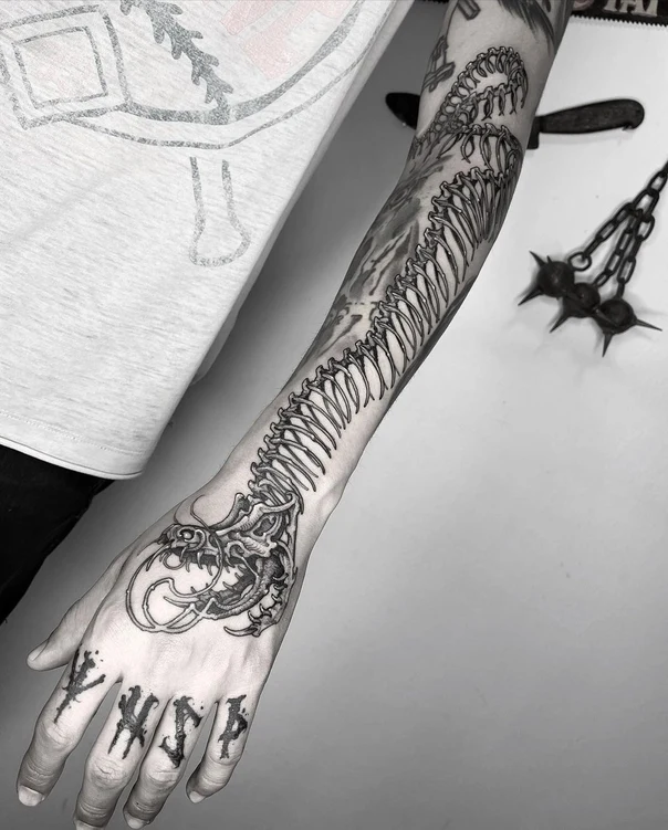 Biomechanical Skeleton, Dragon tattoo on Full Sleeve
