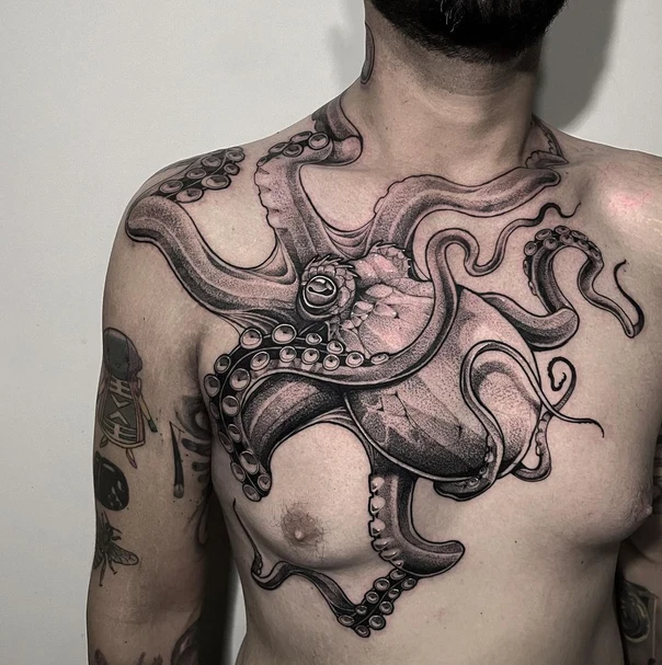 Black & Grey Octopus tattoo on Chest
