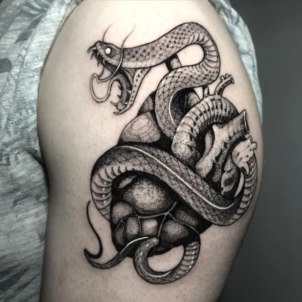 Black & Grey Snake, Heart tattoo on Shoulder