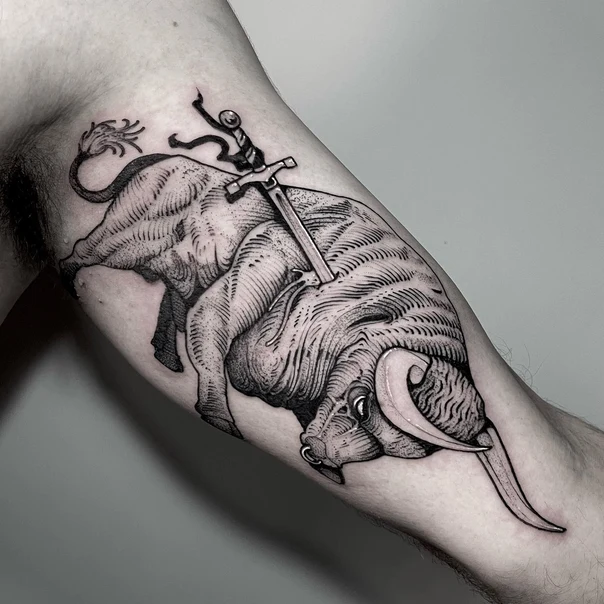 Engraving Bull, Sword tattoo on Forearm