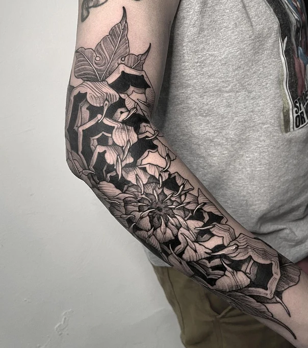 Blackwork Flower, Leaf tattoo on Forearm
