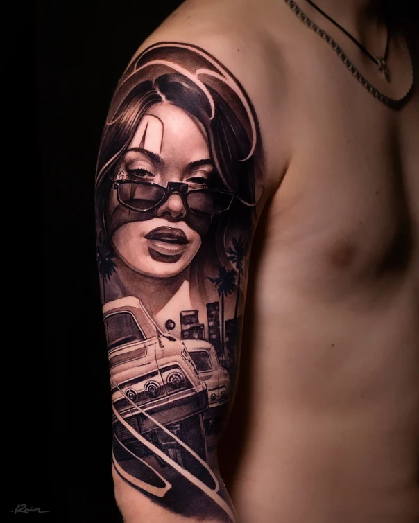 Реализм Portrait, Car tattoo на Полный рукав